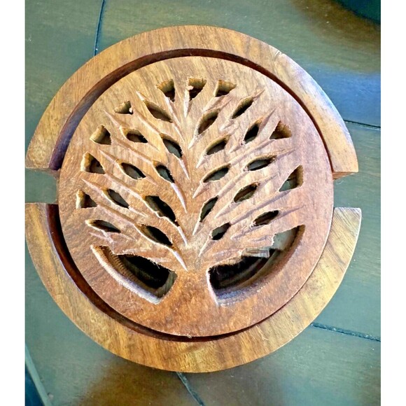Hand-Carved Coasters Shesham Wood Tree of Life Set of 4 Natural Earth Tones - Picture 5 of 5